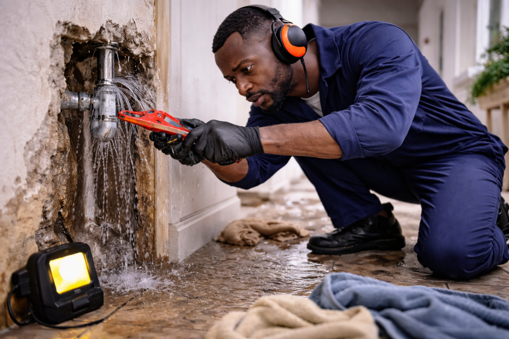 Emergency plumber in Athlone attending to burst pipe and flooding